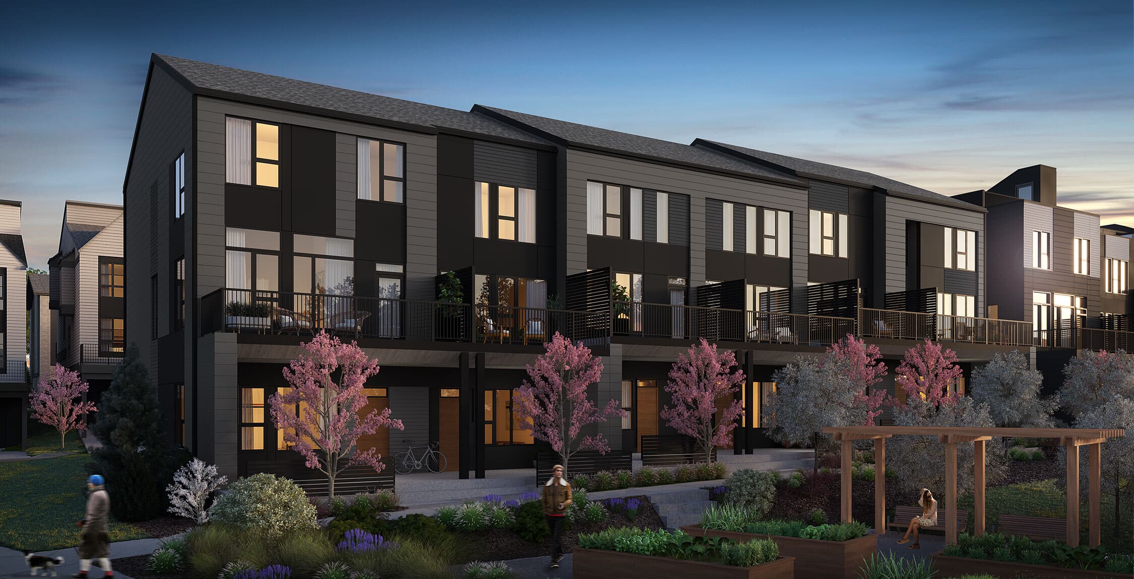 Urban Rowhome An exterior rendering of block 10 in Crown Park by Brookfield Residential