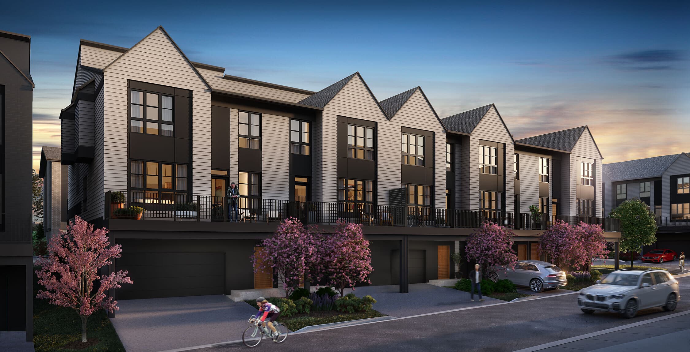 City Townhome An exterior rendering of block 6 in Crown Park by Brookfield Residential