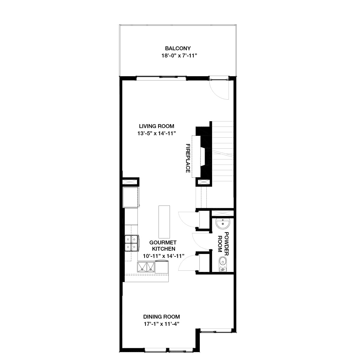 Black line drawing of the main floor of the Gatineau model home at Crown Park by Brookfield Residential