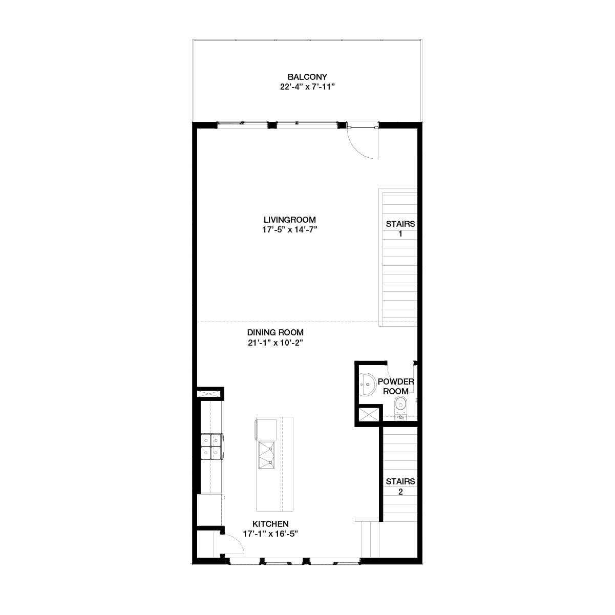 A black line drawing of the Stanley 2 urban rowhome model in Crown Park by Brookfield Residential