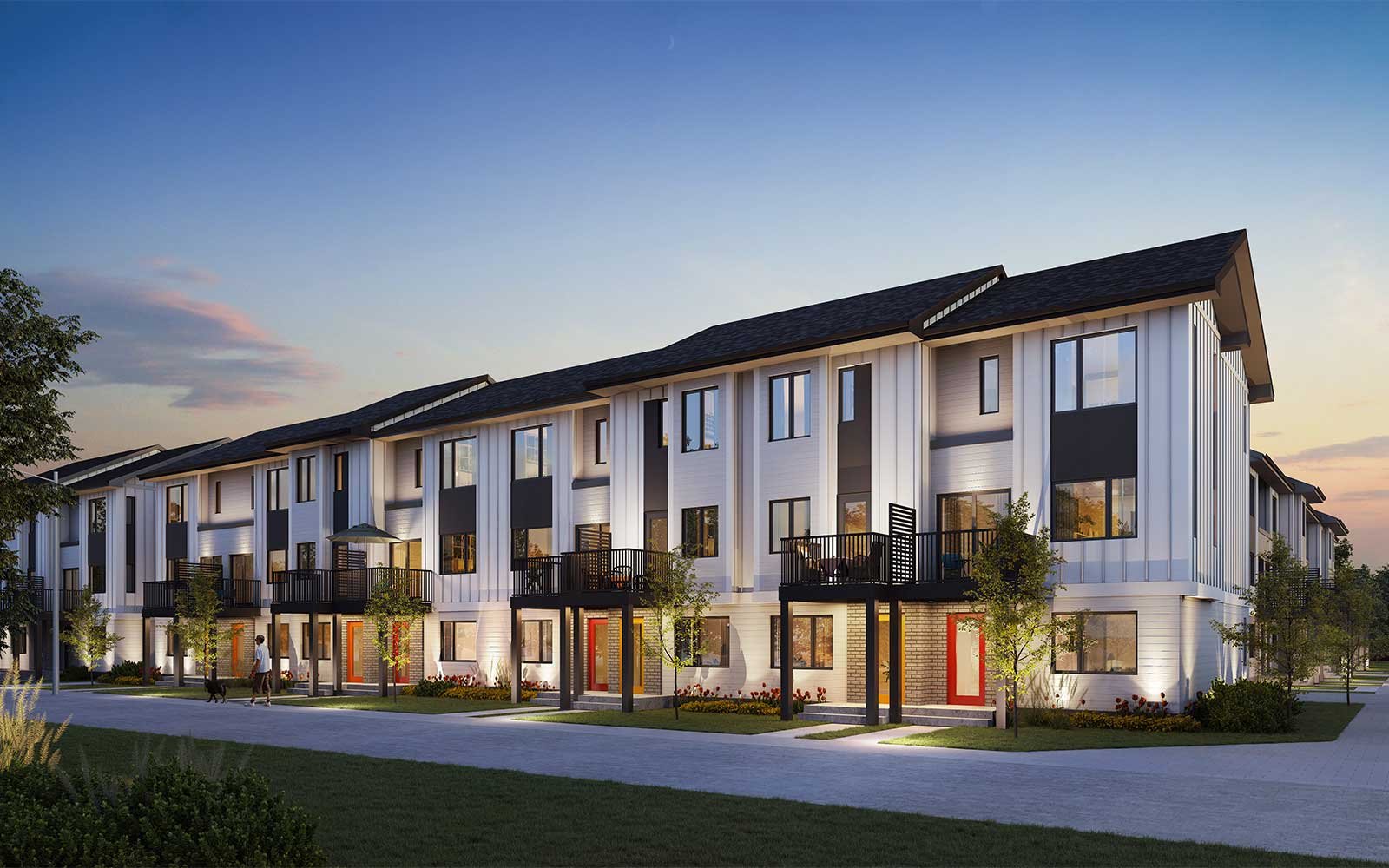An exterior rendering of a townhome block in Rhythm at Taza Park in Calgary by Brookfield Residential