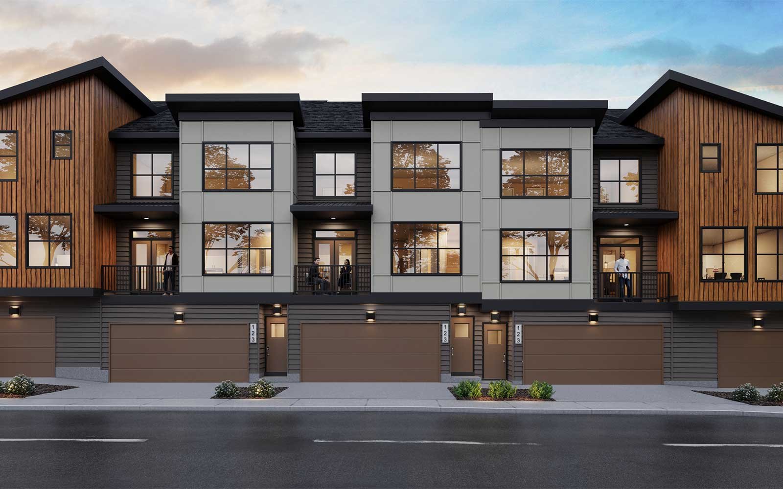An exterior rendering of the Rustic Contemporary style townhome at Range by Brookfield Residential