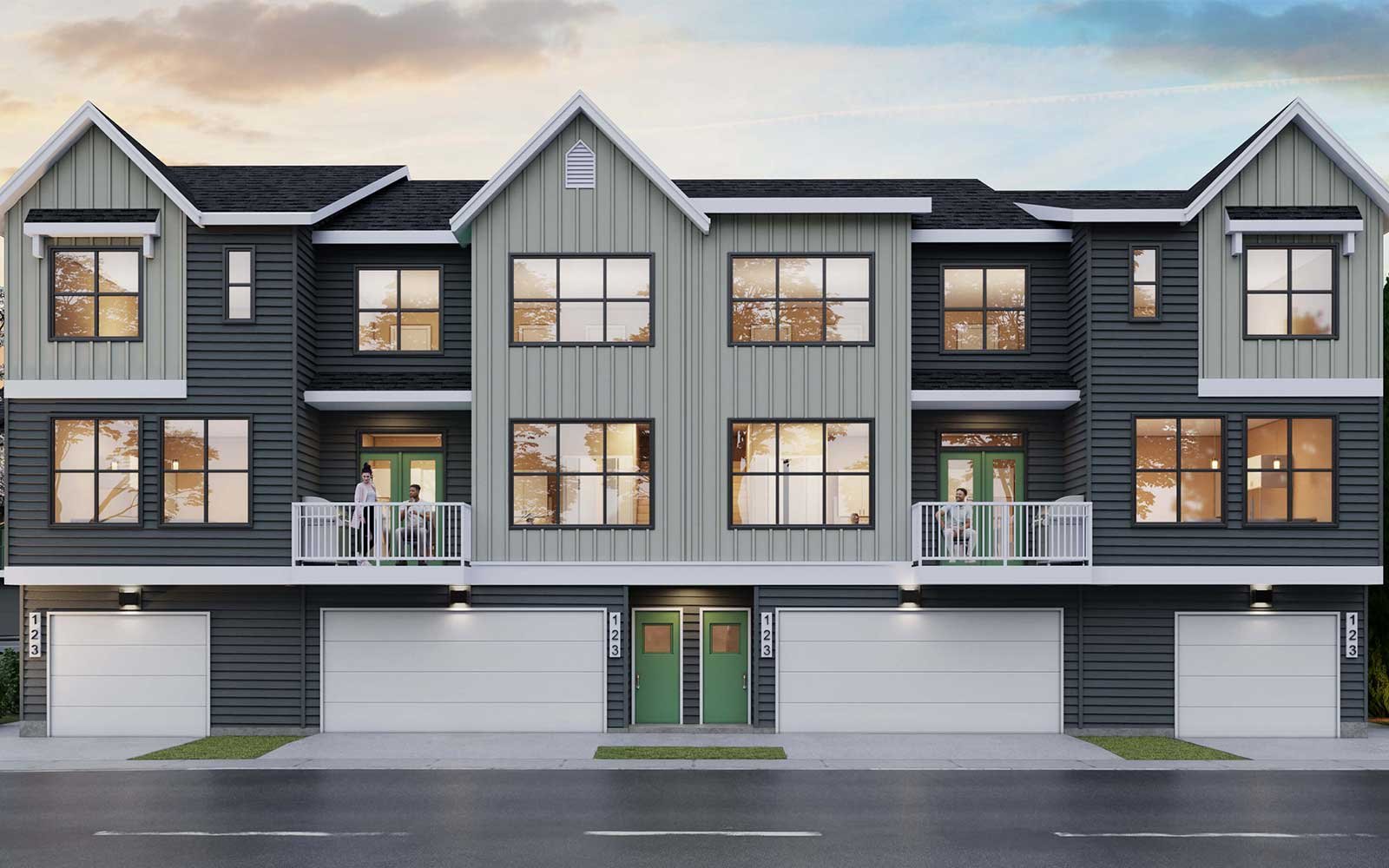Exterior rendering of the Brightside townhomes in Seton by Brookfield Residential