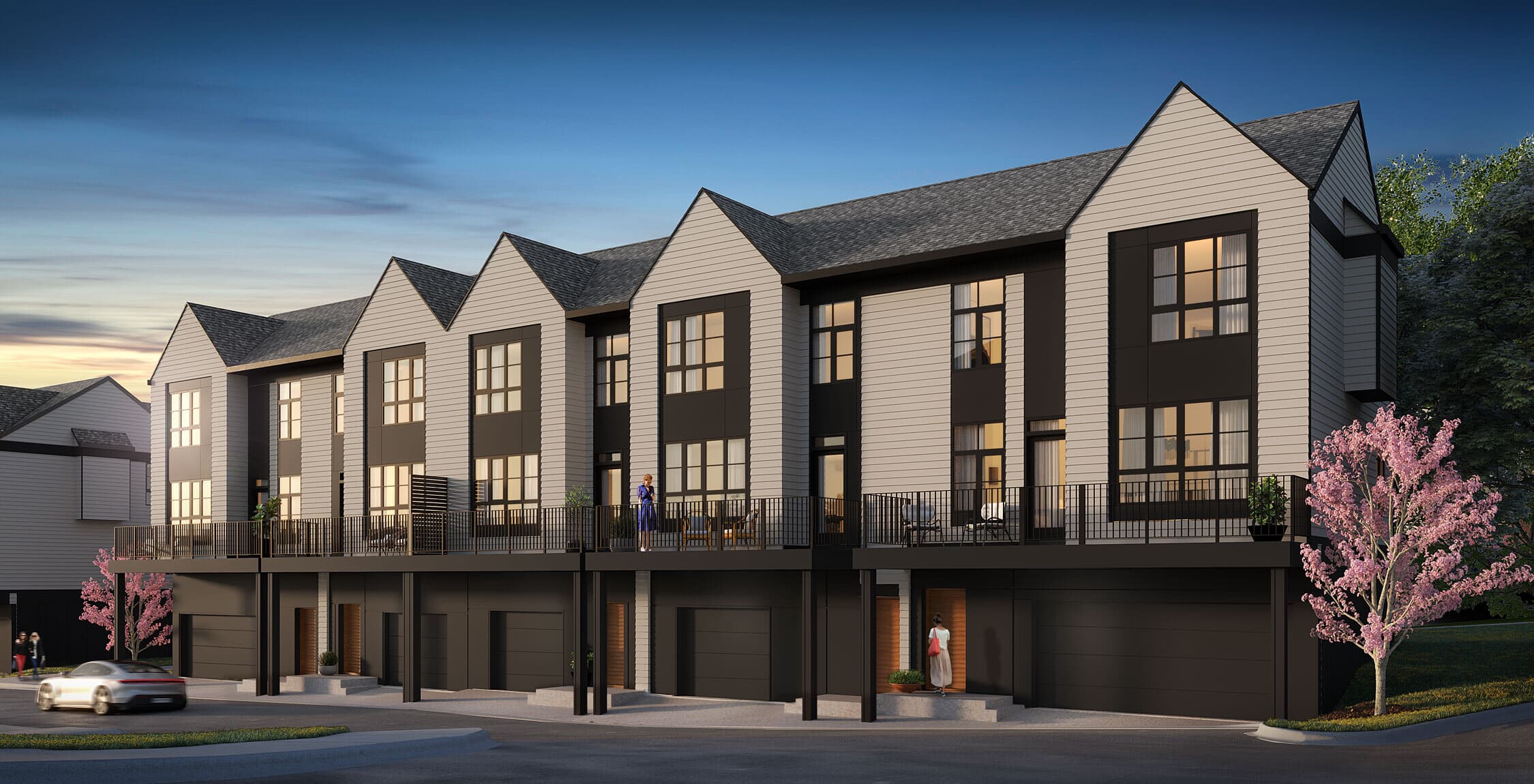 City Townhome An exterior rendering of block 13 in Crown Park by Brookfield Residential