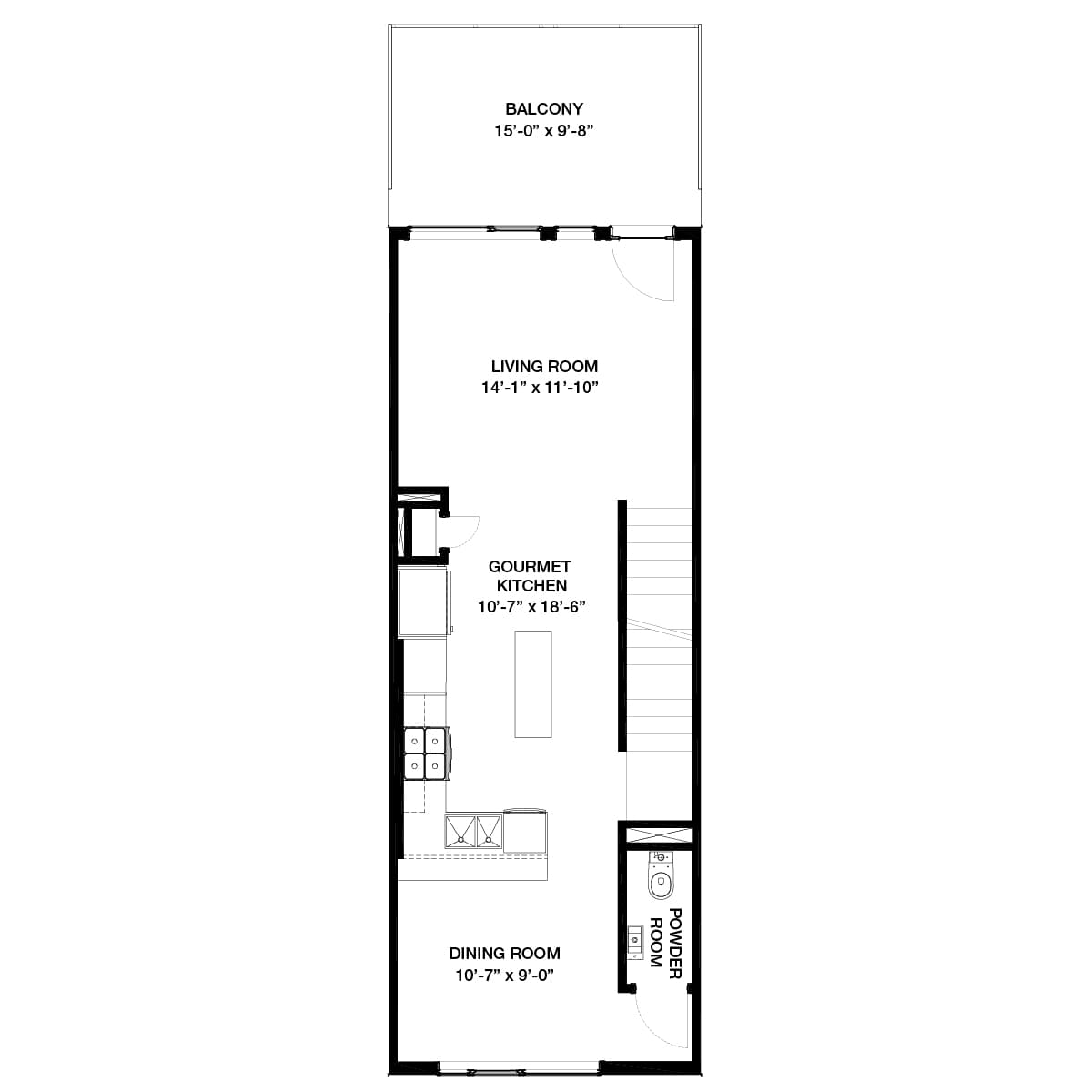 Black line drawing of the main floor of the Alameda model home at Crown Park by Brookfield Residential