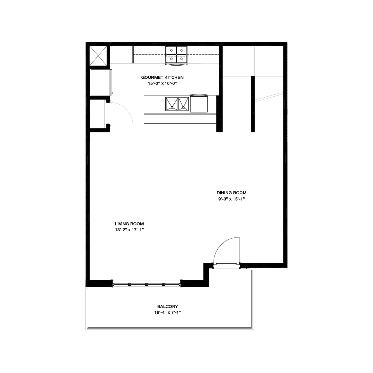 Black line drawing of the main floor of the Mission model home at Crown Park by Brookfield Residential