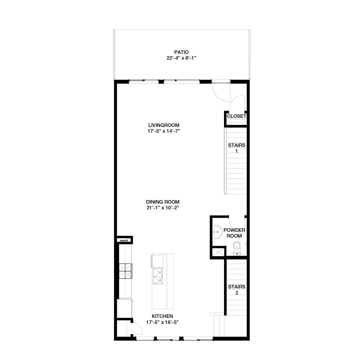 A black line drawing of the Stanley 2 urban rowhome model in Crown Park by Brookfield Residential