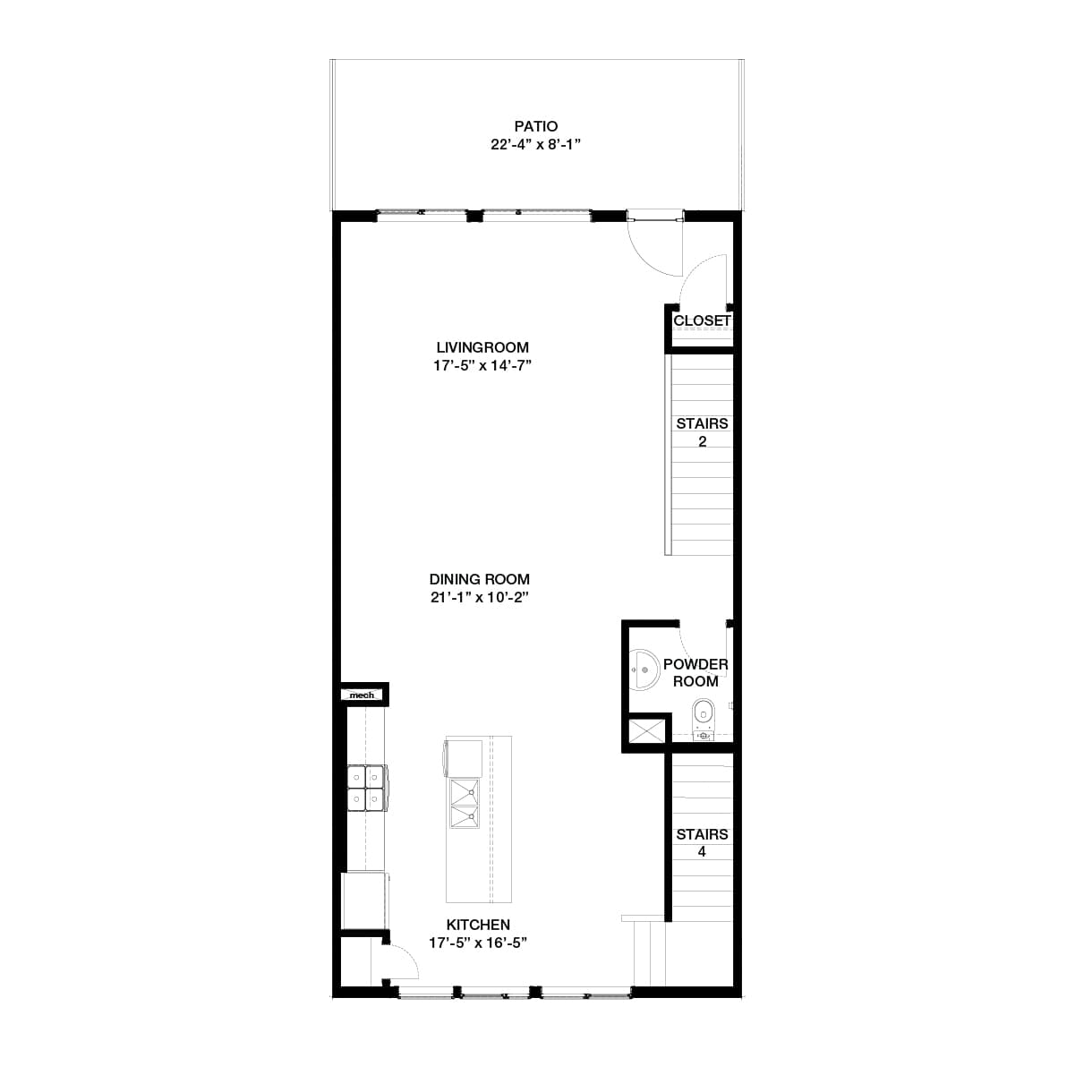 A black line drawing of the Stanley 2 urban rowhome model in Crown Park by Brookfield Residential