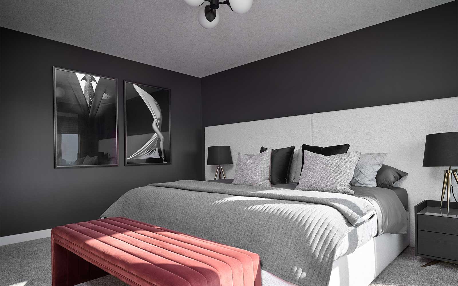 Photo of the primary bedroom of the Rouge show home in Crown Park by Brookfield Residential