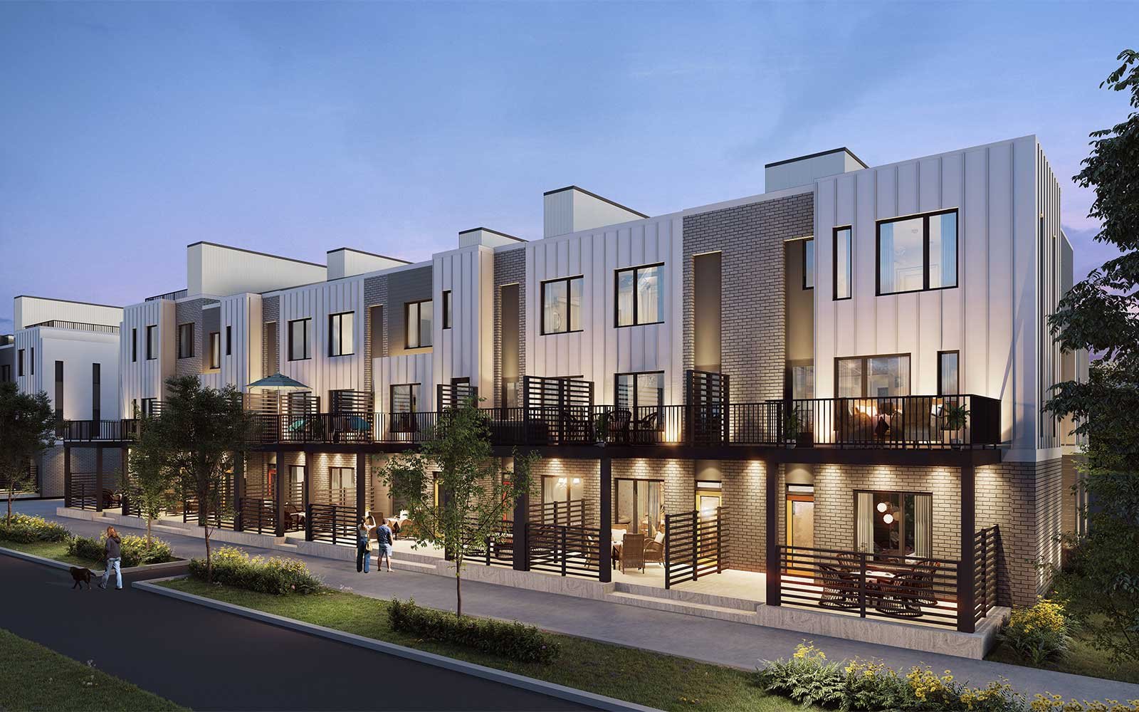 An exterior rendering of a townhome block in Rhythm at Taza Park in Calgary by Brookfield Residential