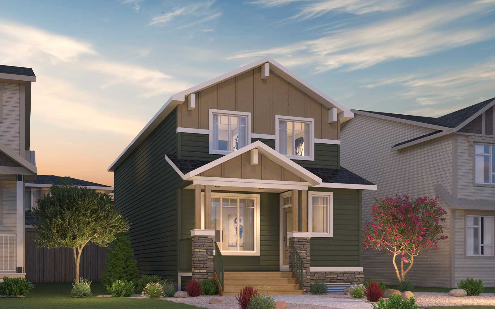 Exterior view of the Oxford Craftsman model by Brookfield Residential in Calgary.