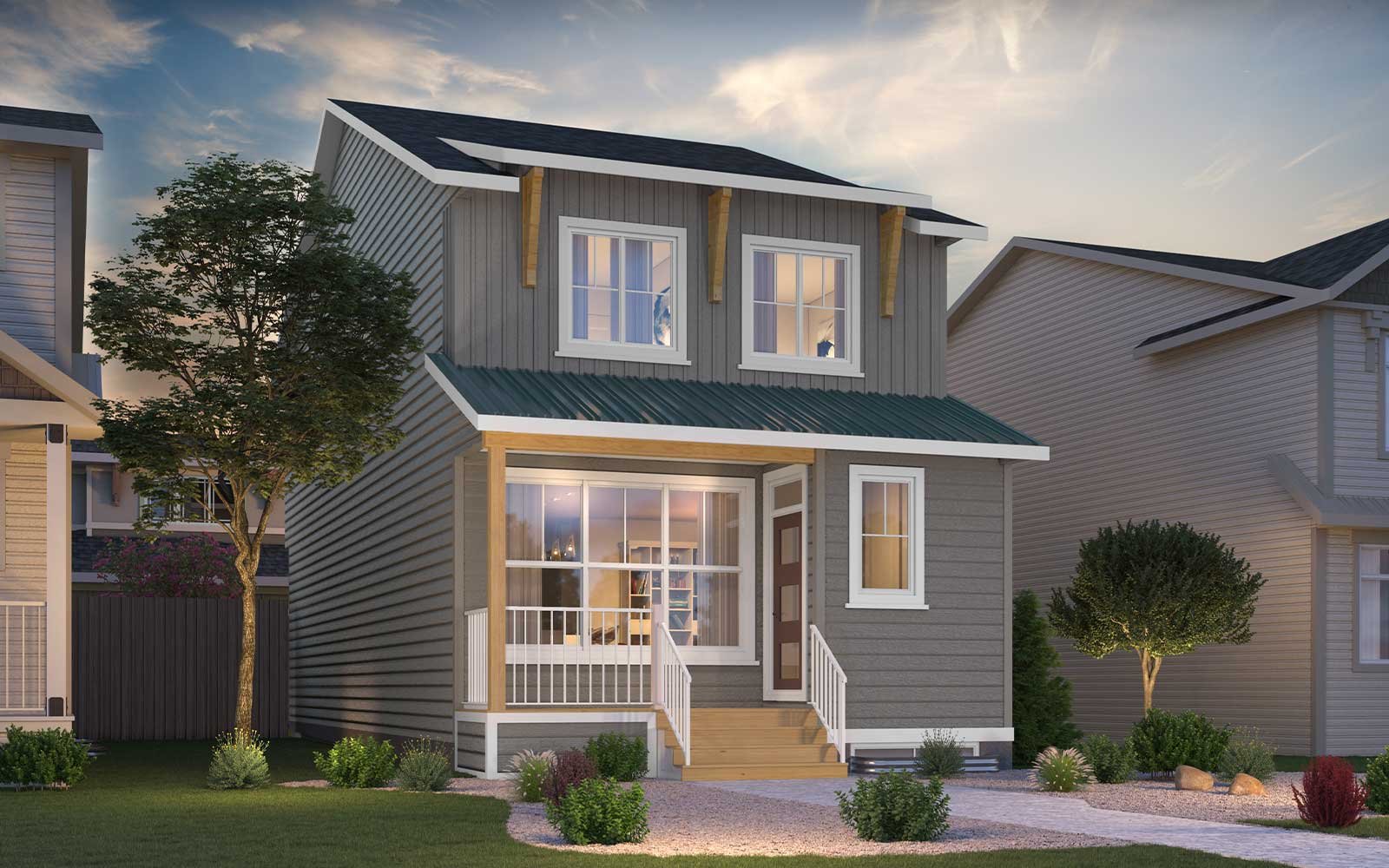Exterior view of the Oxford Farmhouse model by Brookfield Residential in Calgary.