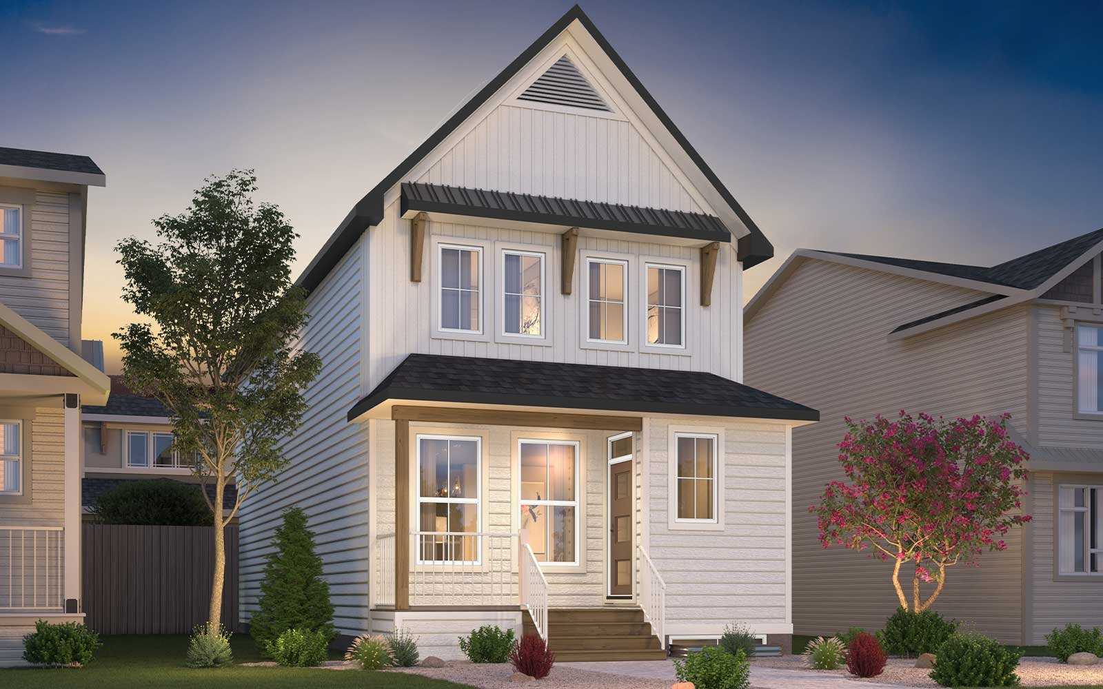 Exterior view of the Oxford Farmhouse model by Brookfield Residential in Calgary.