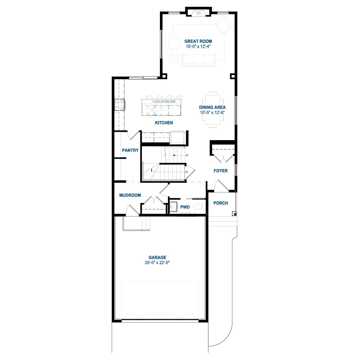 A black line drawing of the Dawson 26 model by Brookfield Residential