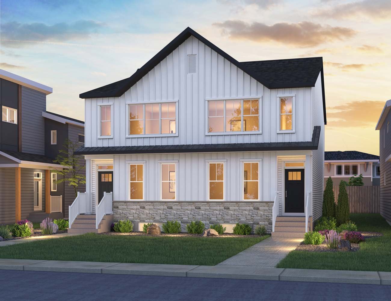 An exterior rendering of the Farmhouse style on an Alder and Alder duplex home by Brookfield Residential