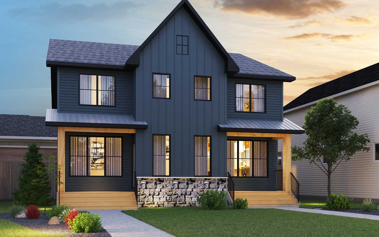 Oak - Farmhouse An exterior rendering of the Farmhouse style of the Oak model by Brookfield Residential