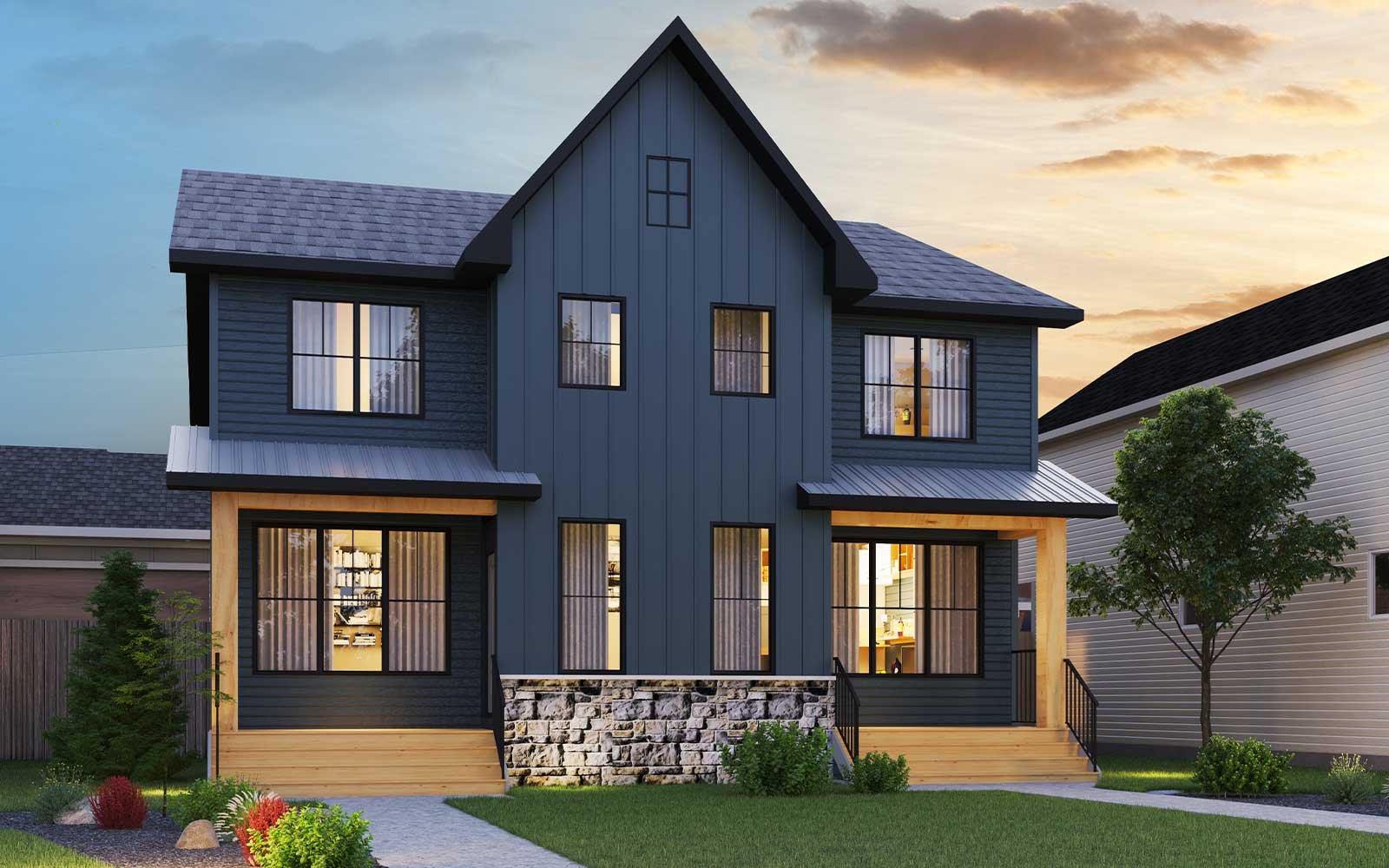 Wicklow - Farmhouse An exterior rendering of the Farmhouse style of the Wicklow model by Brookfield Residential