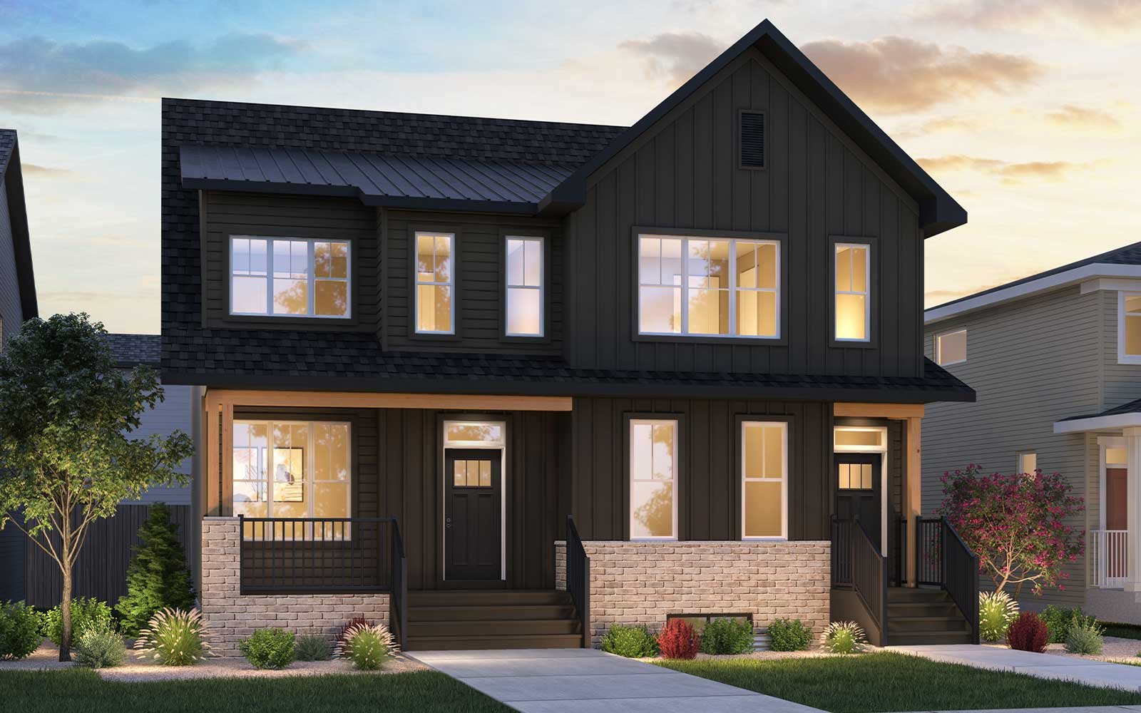 An exterior rendering of the Farmhouse style of the Elm-Alder model by Brookfield Residential