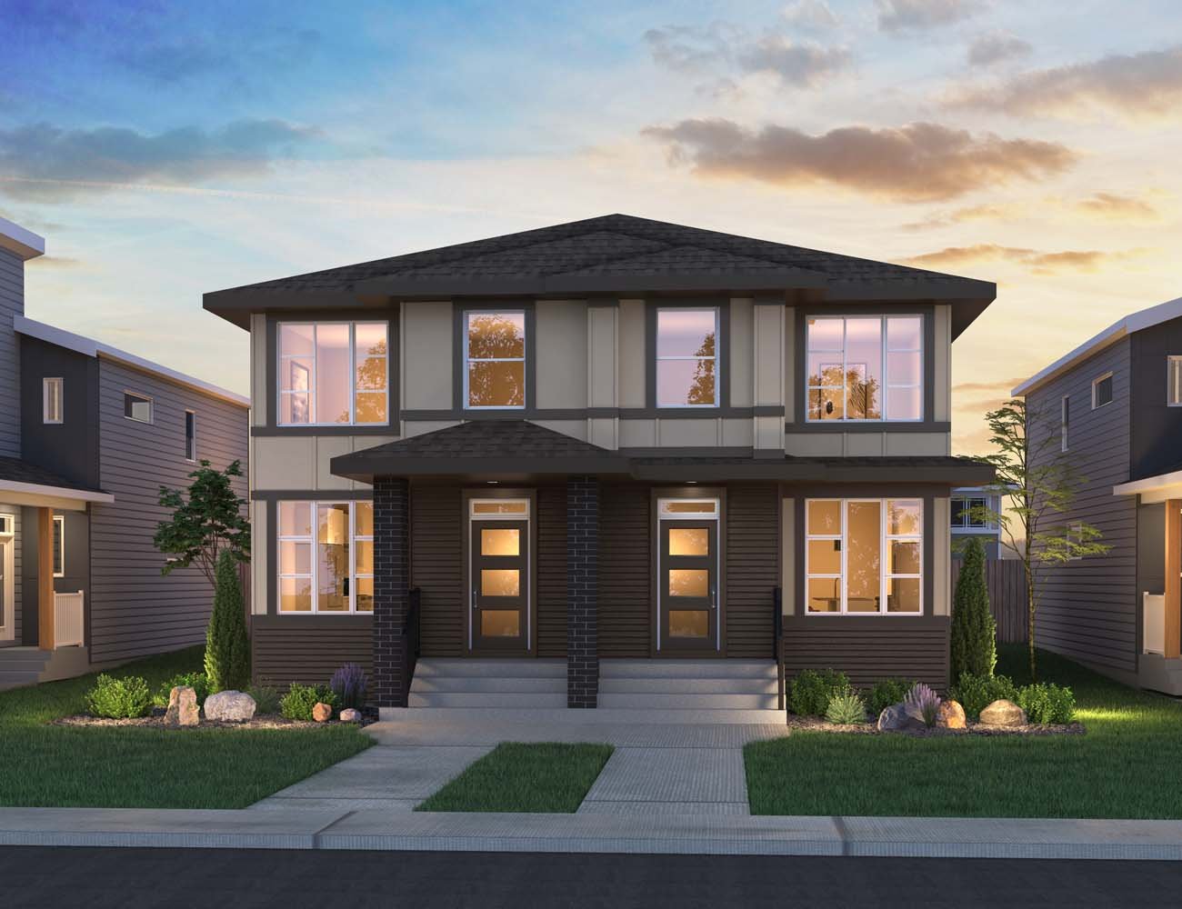 An exterior rendering of the Prairie style on an Elm and Elm duplex home by Brookfield Residential.