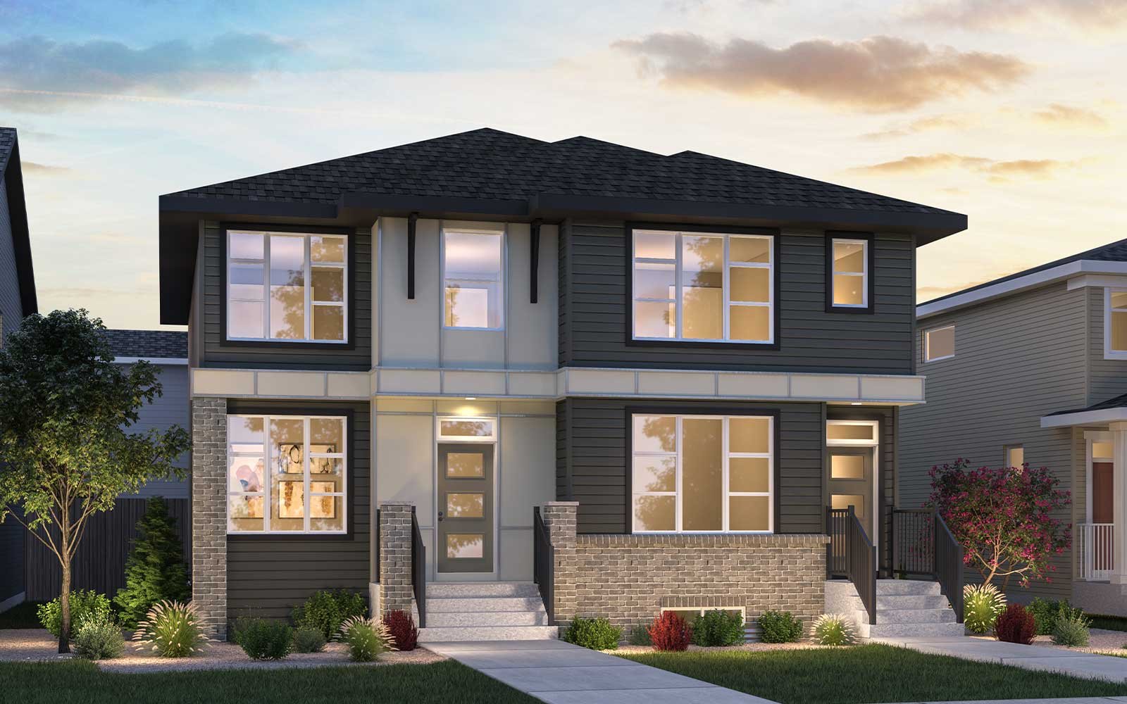 An exterior rendering of the Prairie style on an Elm home by Brookfield Residential.