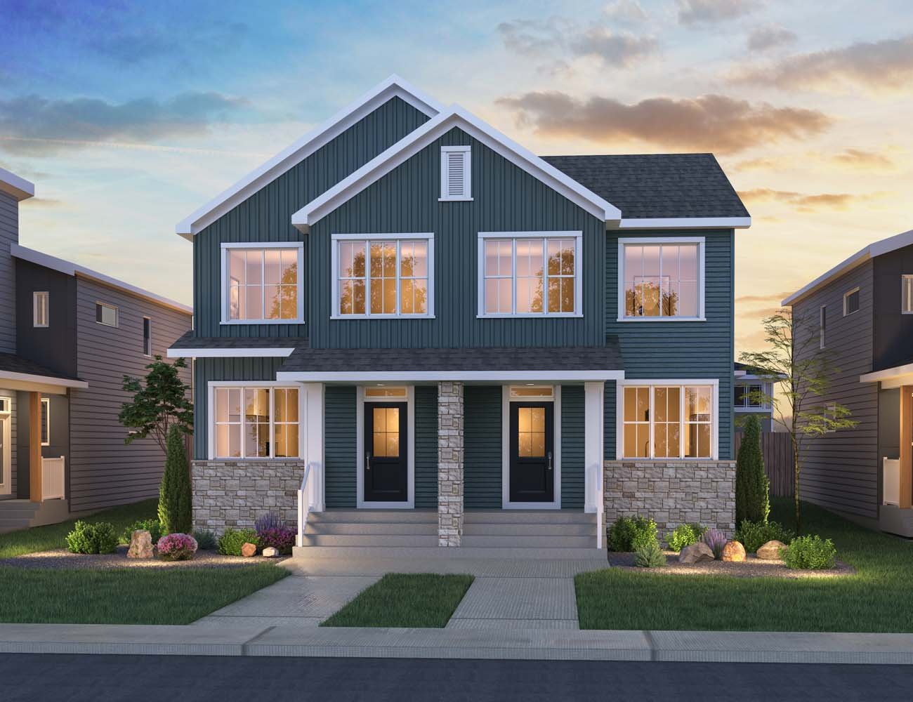 An exterior rendering of the Farmhouse style on an Elm and Elm duplex home by Brookfield Residential.