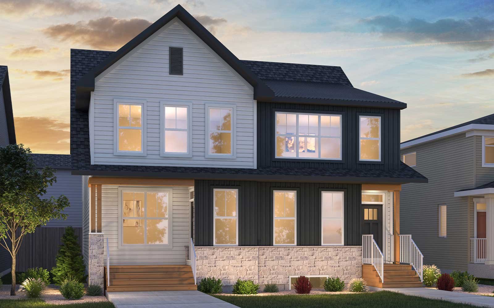 An exterior rendering of the Farmhouse style of the Oak-Wicklow and Alder model by Brookfield Residential