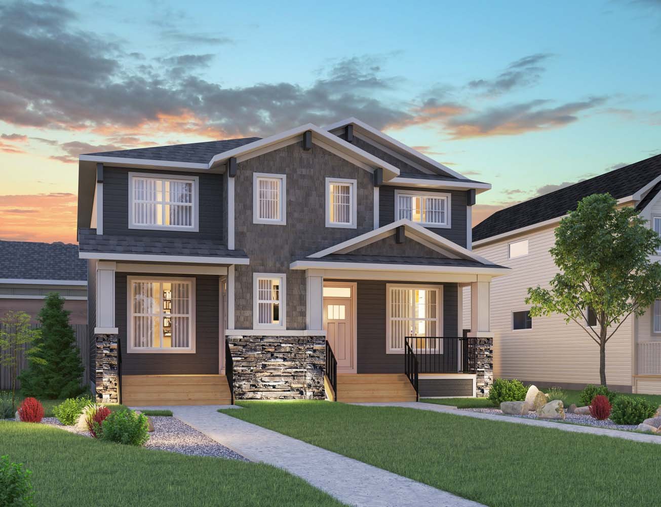 An exterior rendering of the Heritage style on an Oak duplex home by Brookfield Residential.