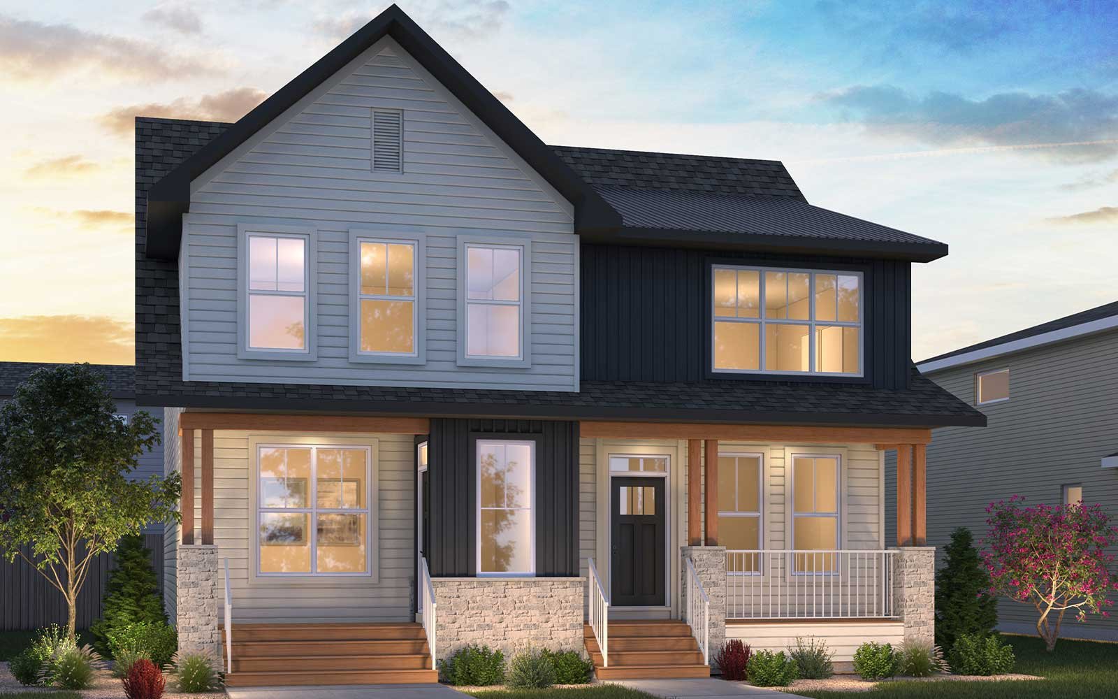 Exterior rendering of the Oak Farmhouse model by Brookfield Residential