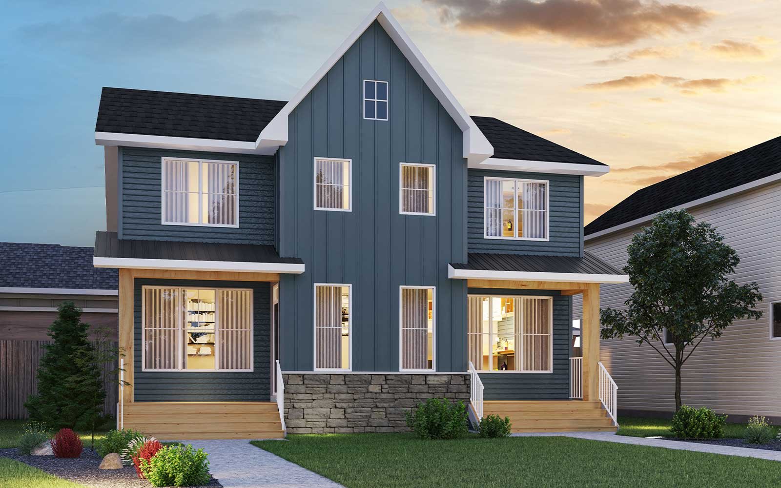 An exterior rendering of the Farmhouse style of the Oak model by Brookfield Residential