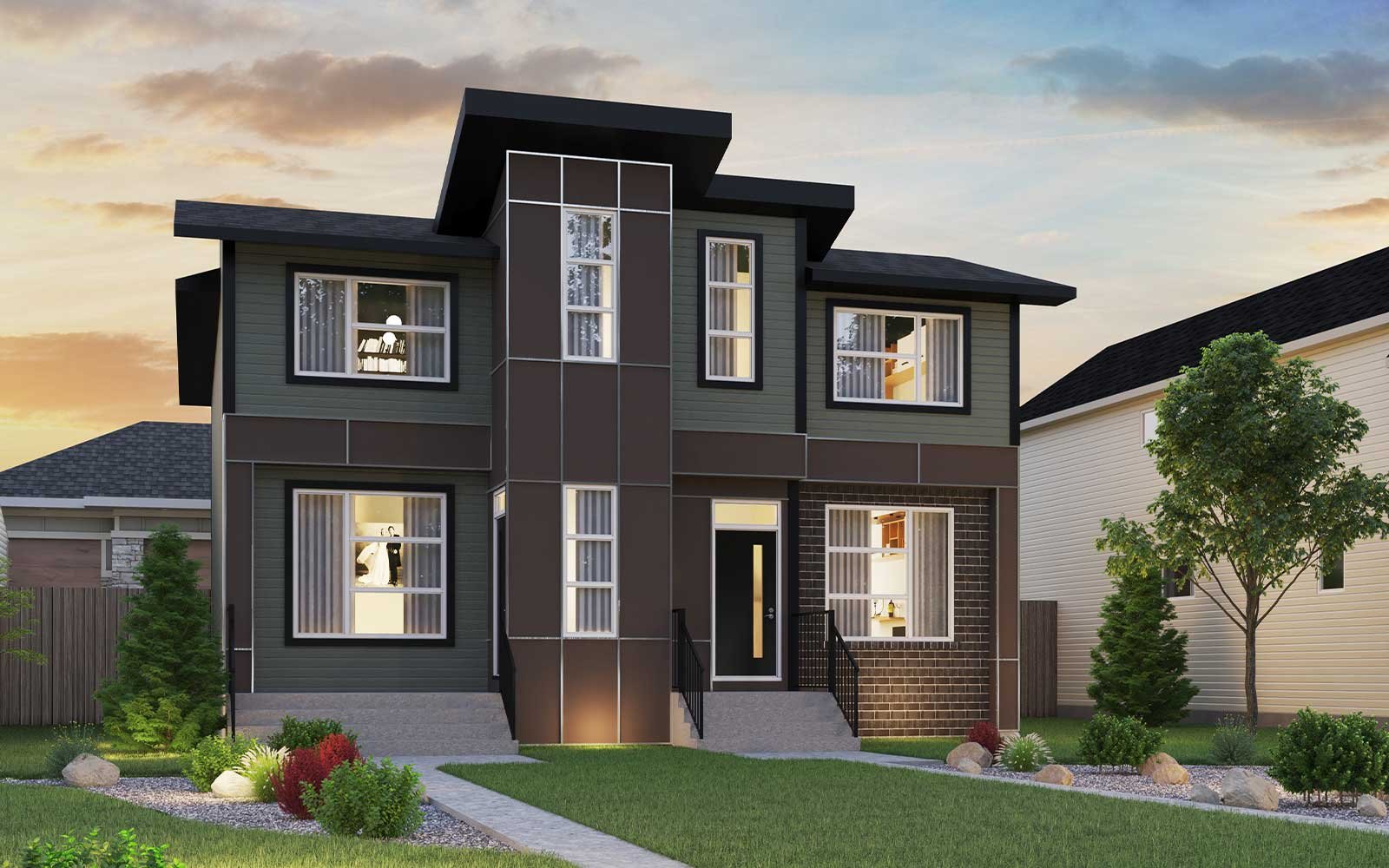 An exterior rendering of the Contemporary style of the Oak model by Brookfield Residential