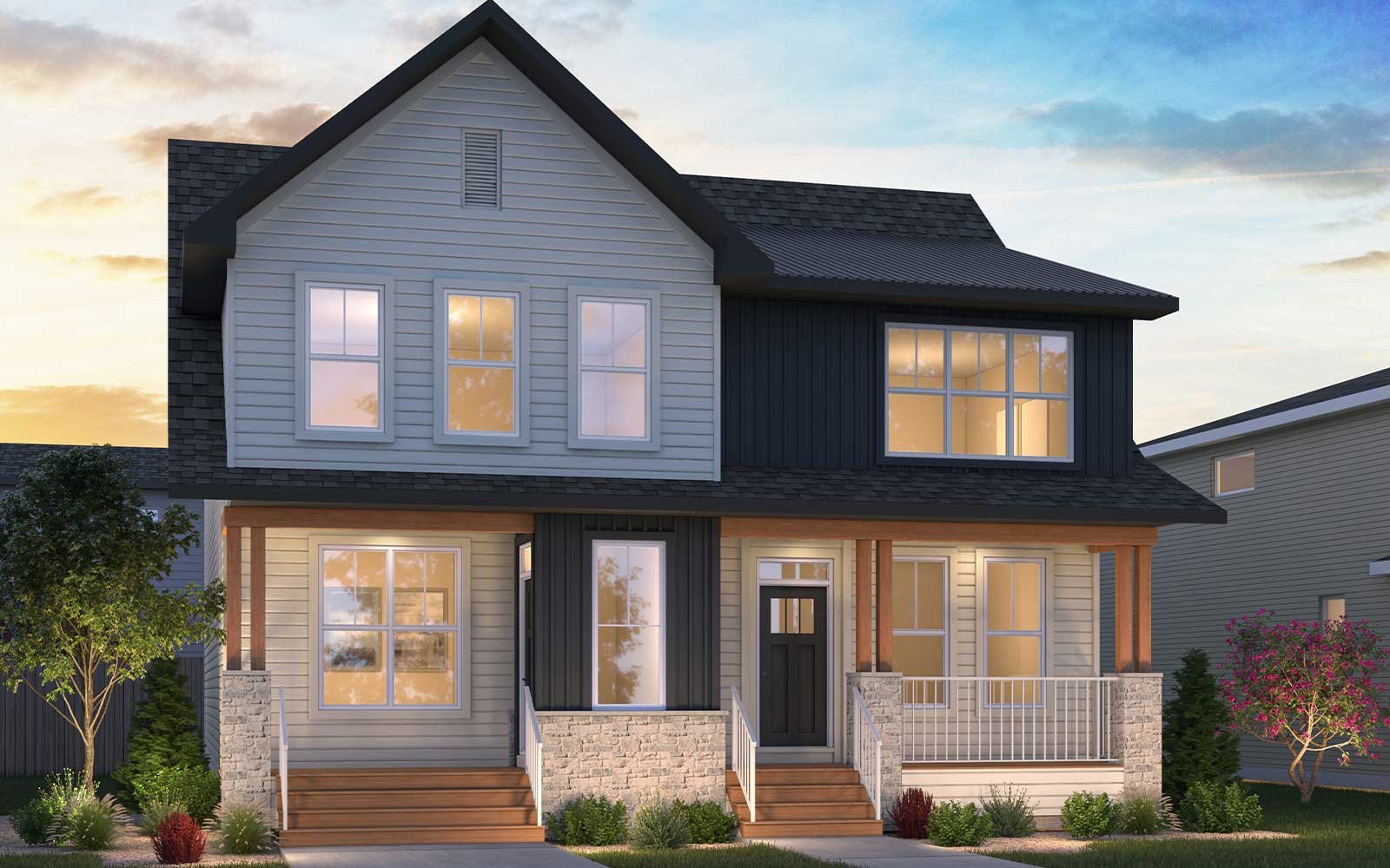 A rendering of the Farmhouse 2 Elevation for Duplex homes by Brookfield Residential in Calgary