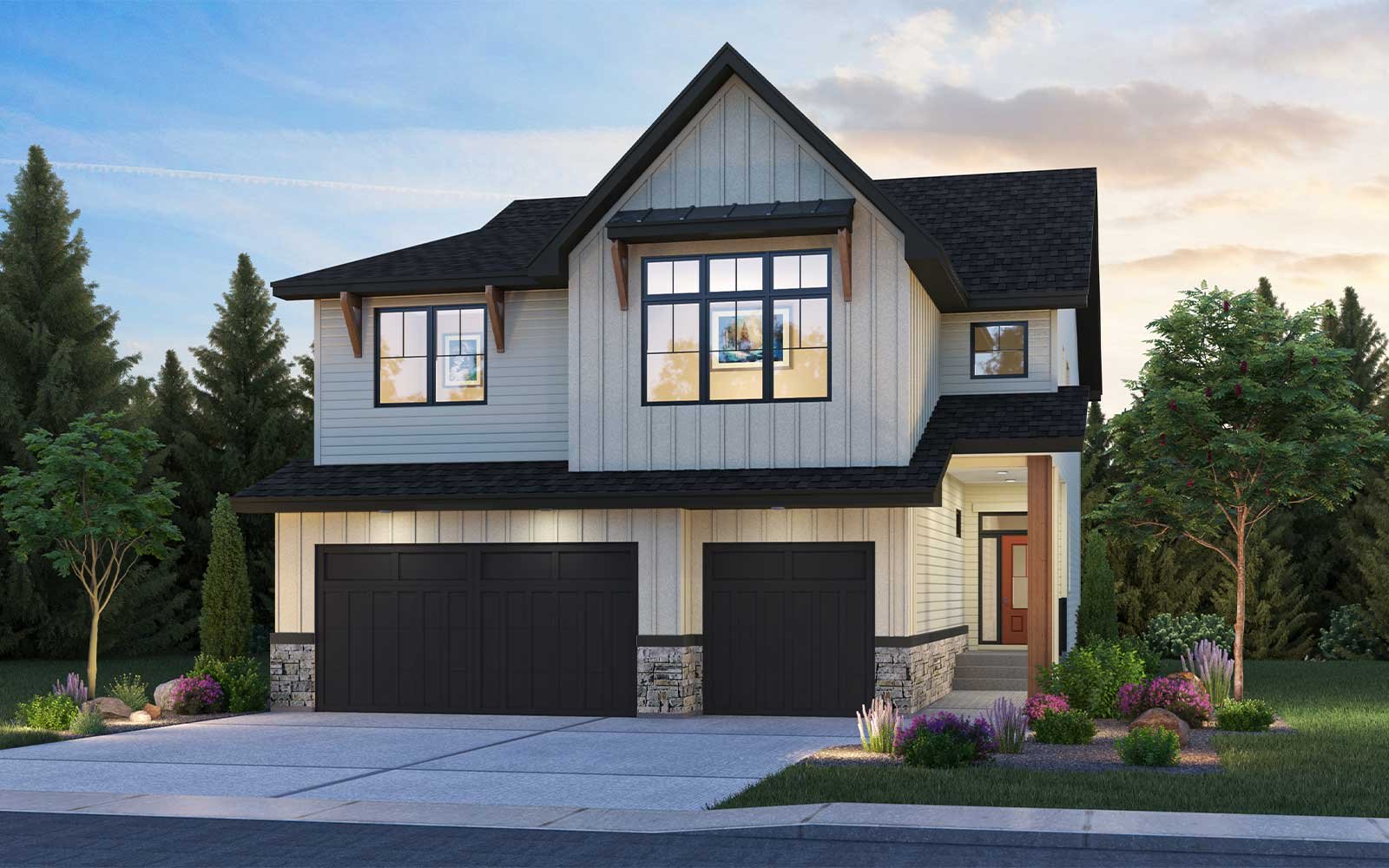 A rendering of the Palermo Farmhouse elevation by Brookfield Residential in Calgary