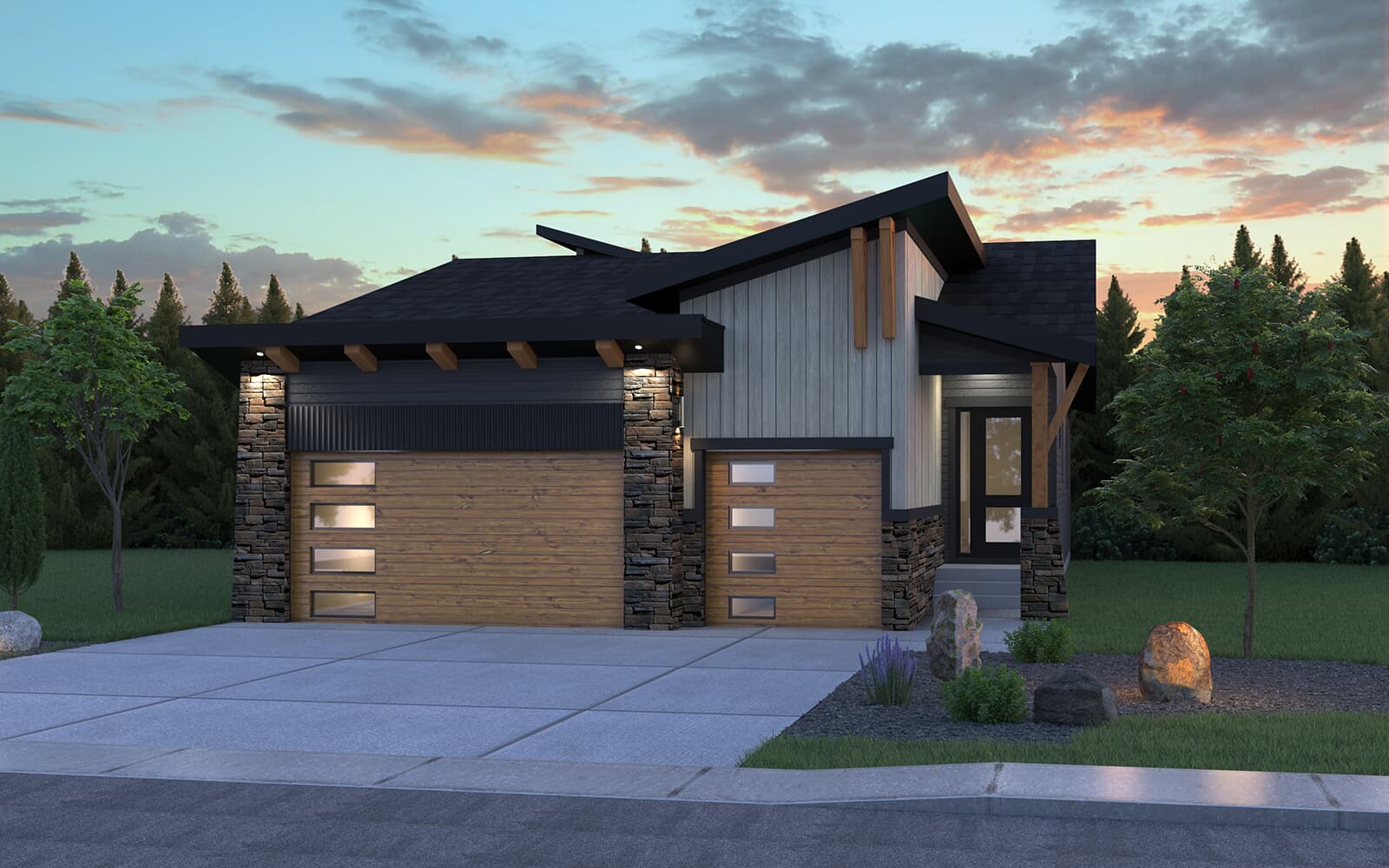 Exterior view of the Sereno 2 Rustic Contemporary model by Brookfield Residential in Calgary.