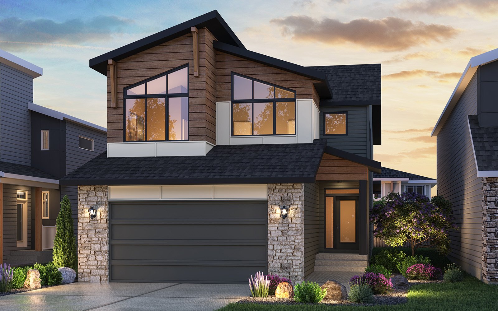 A rendering of the Rustic Contemporary elevation for the Accadia 28 model by Brookfield Residential.