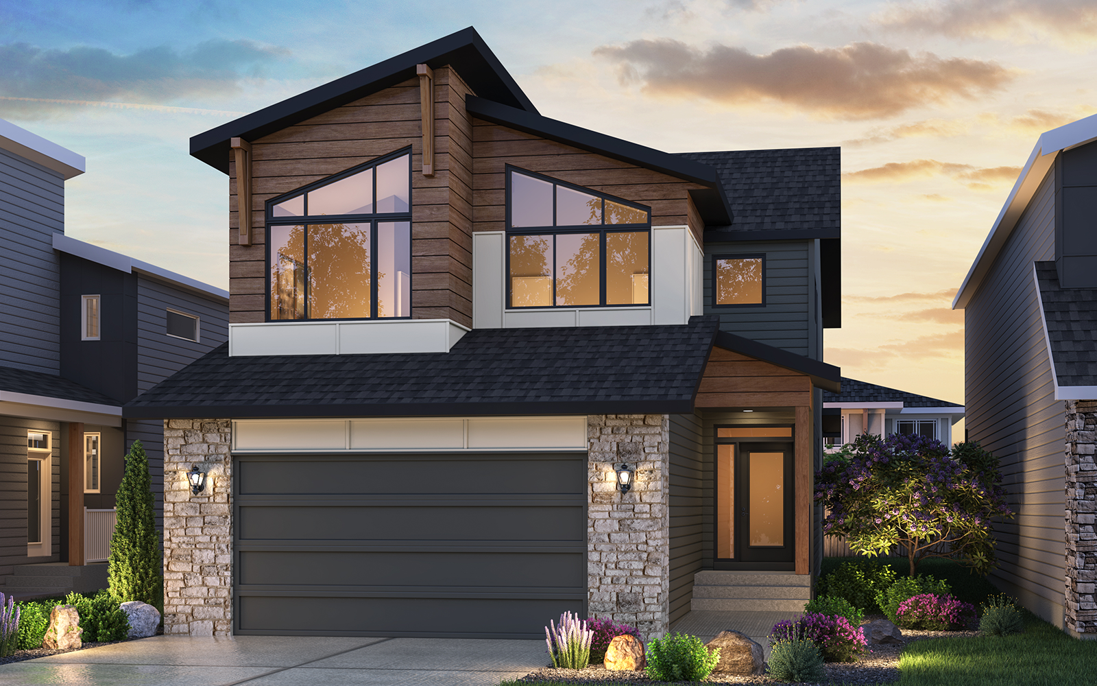 Rustic Contemporary rendering of the Accadia 28 model by Brookfield Residential in Calgary