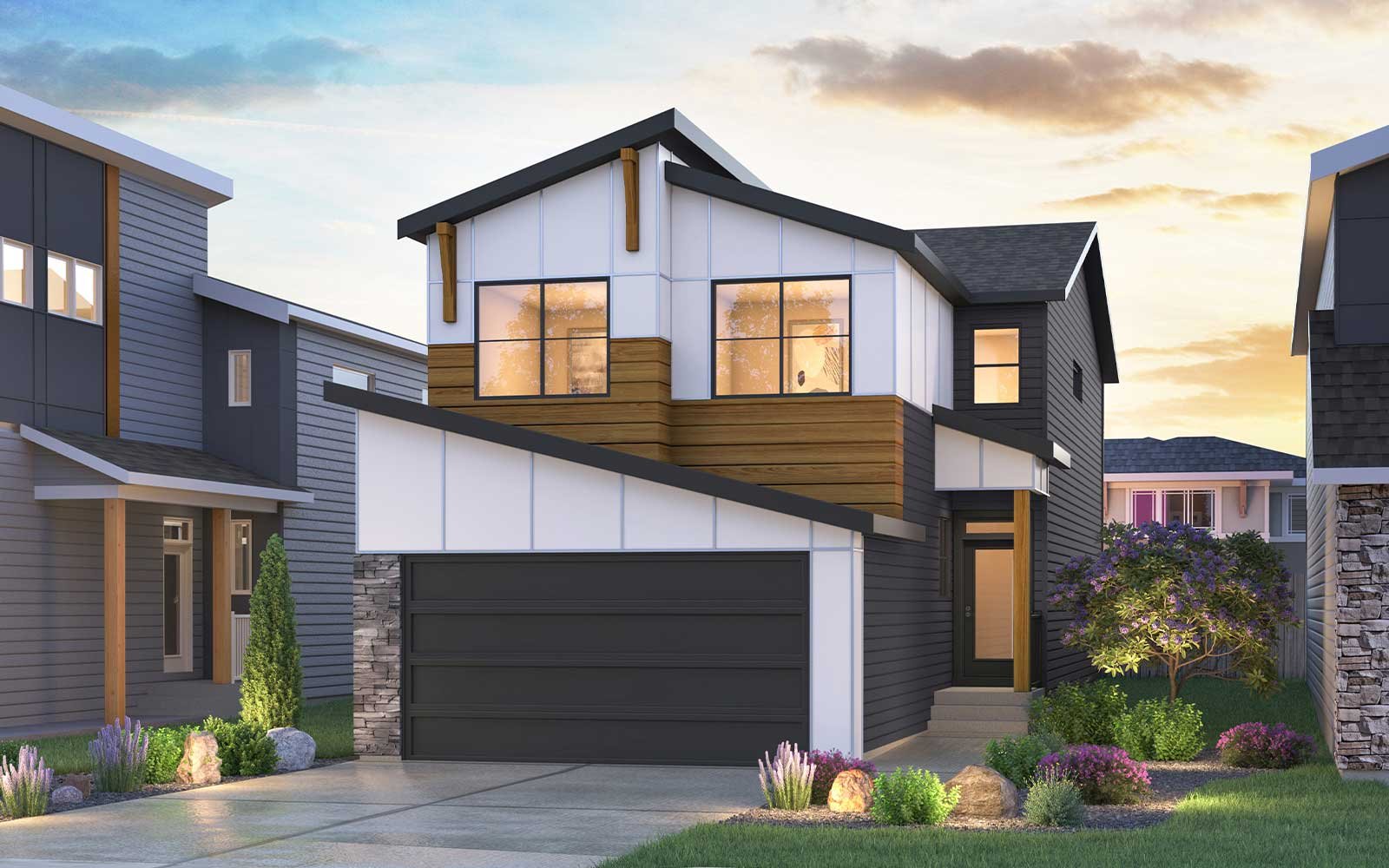 Exterior rendering of the Rustic Contemporary style of the Amery 24 model by Brookfield Residential