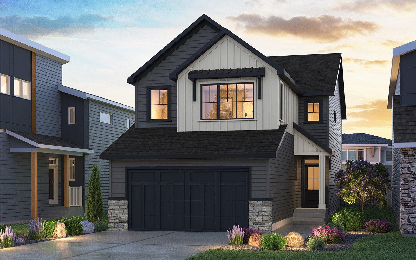 Exterior rendering of the Farmhouse style of the Amery 26 model by Brookfield Residential.