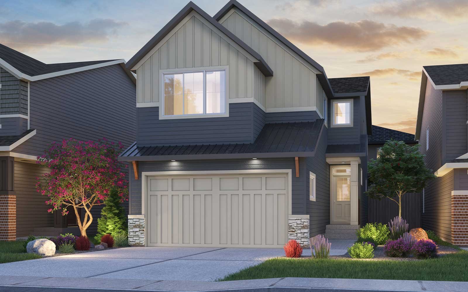 An exterior rendering of the Farmhouse style of the Columbia 2 - 24 model by Brookfield Residential