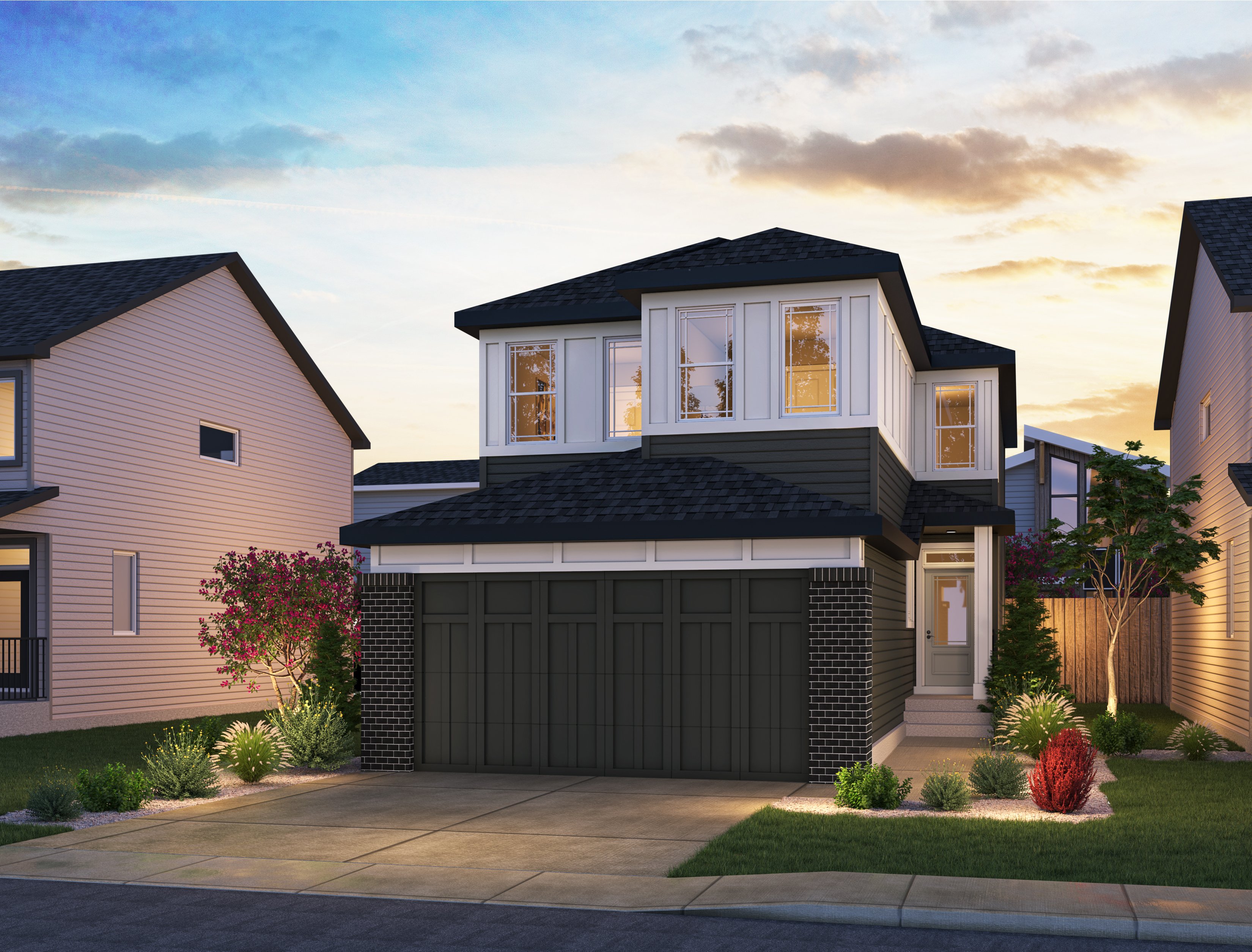 Exterior rendering of the Prairie style of the Crimson 24 model by Brookfield Residential