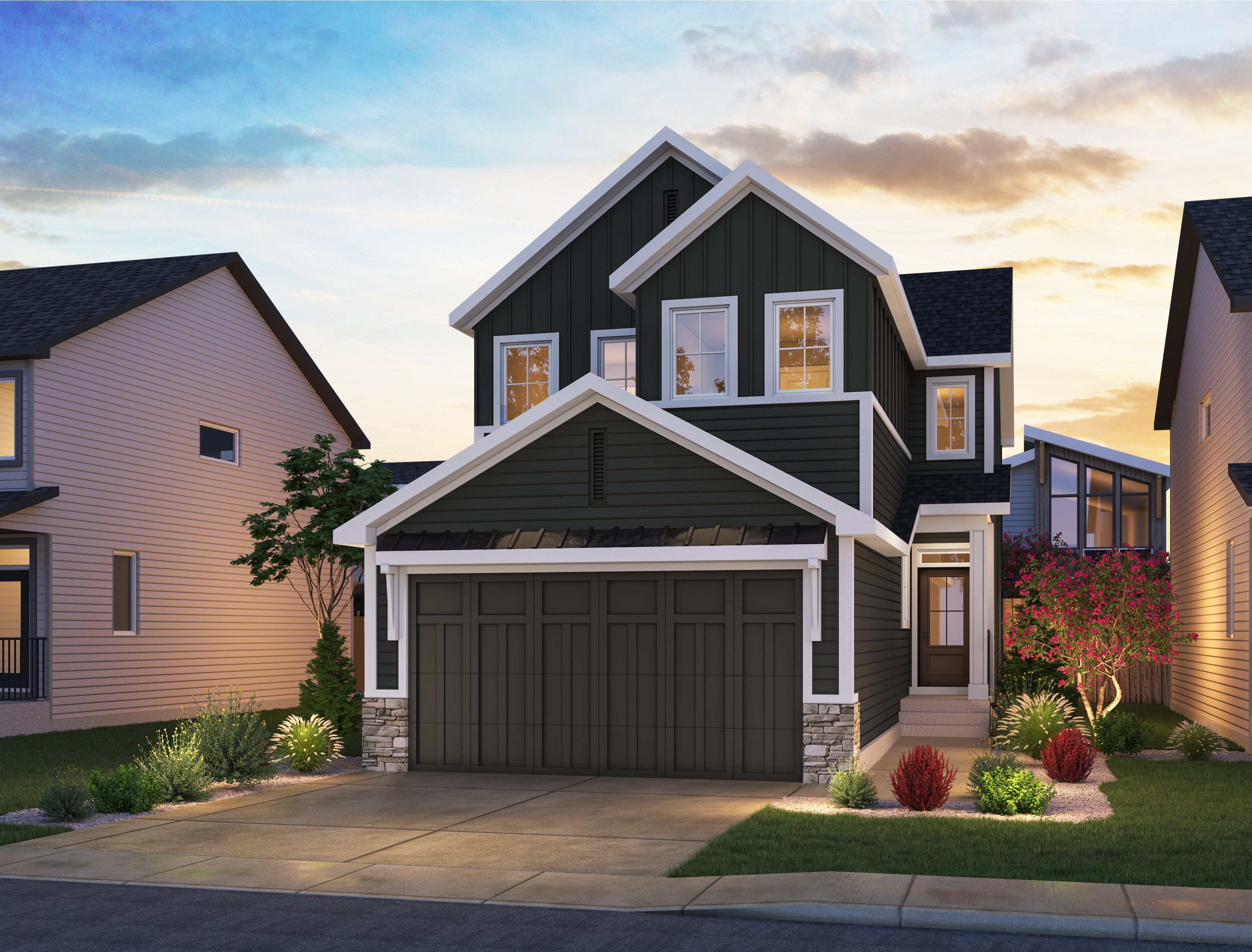 Exterior rendering of the Farmhouse style of the Crimson 24 model by Brookfield Residential