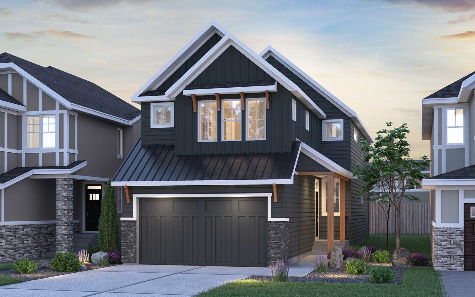 A rendering of the Farmhouse exterior of the Purcell 2 - 26 model by Brookfield Residential