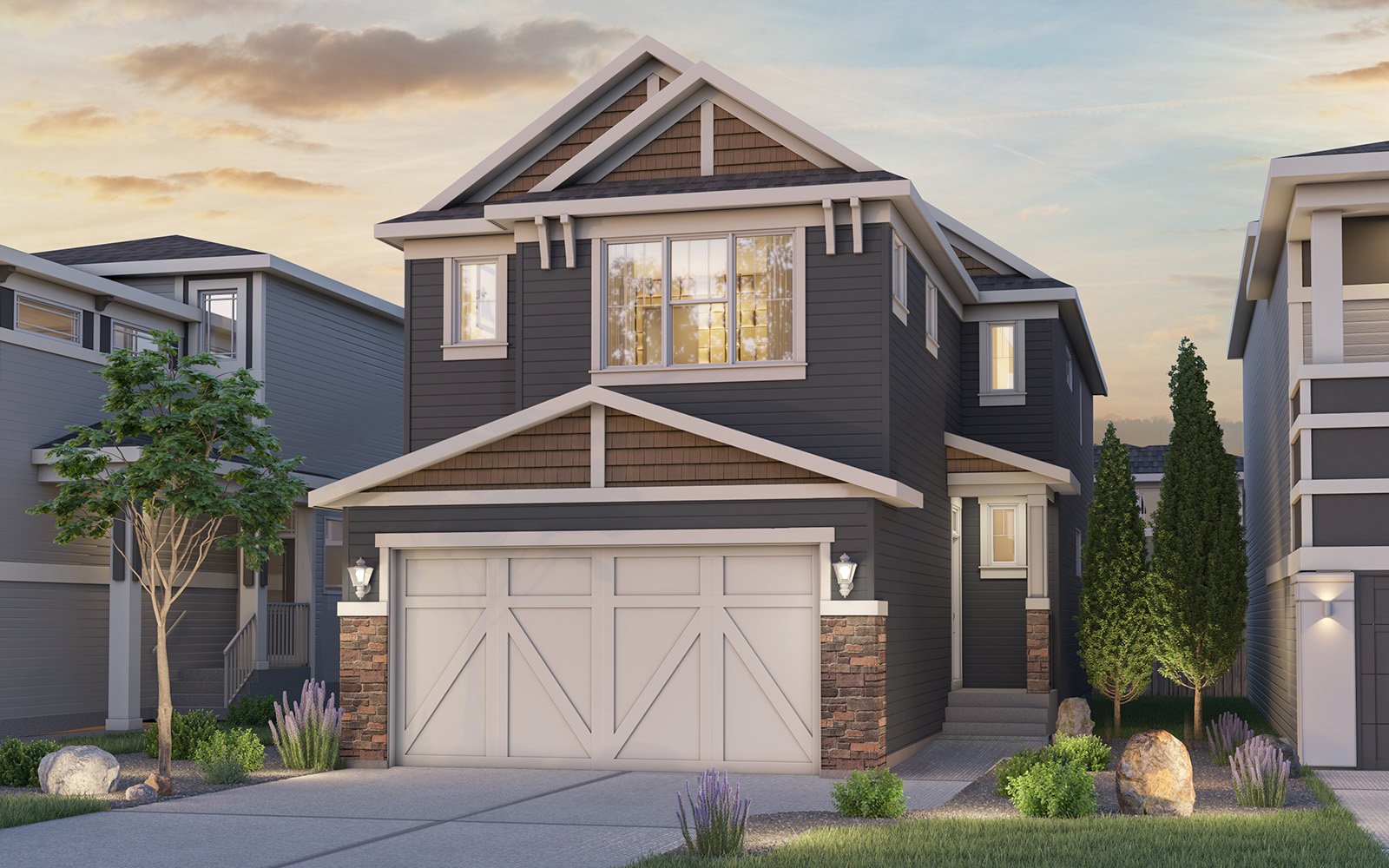 An exterior rendering of the Arts and Crafts elevation of the Purcell 24 home by Brookfield Residential.