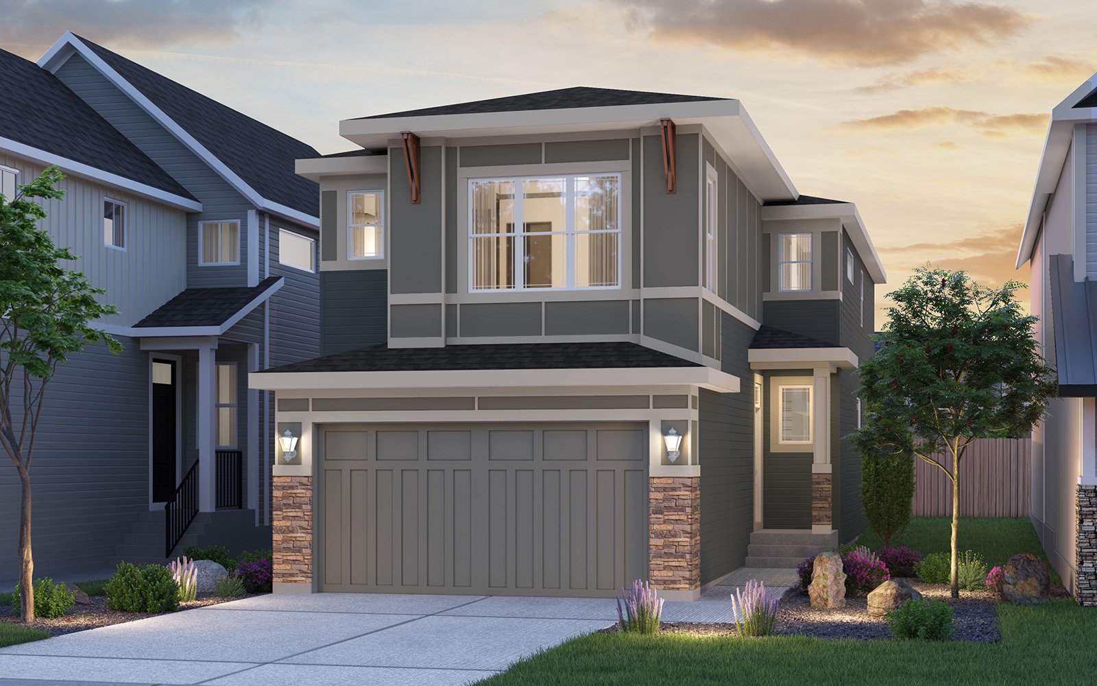 An exterior rendering of the Prairie elevation of the Purcell 24 home by Brookfield Residential.