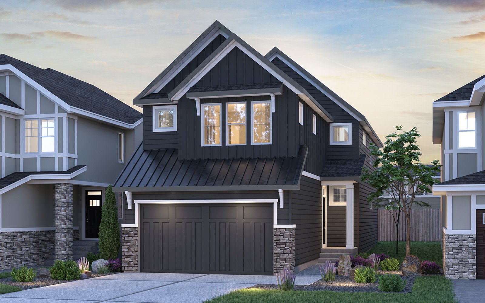 An exterior rendering of the Farmhouse elevation of the Purcell 24 home by Brookfield Residential.