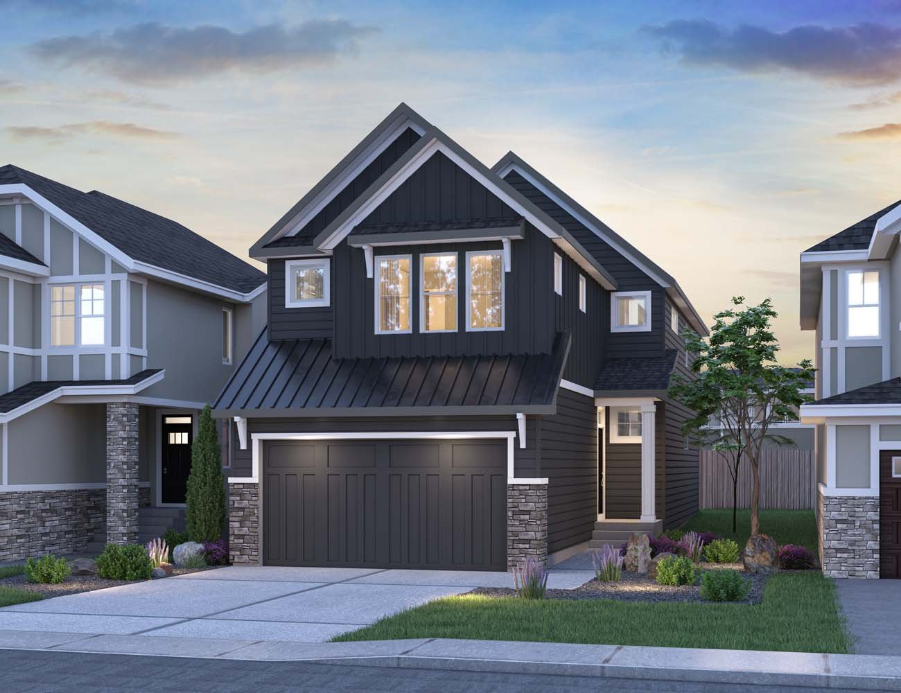 An exterior rendering of the Farmhouse style on the Purcell 26 home by Brookfield Residential.