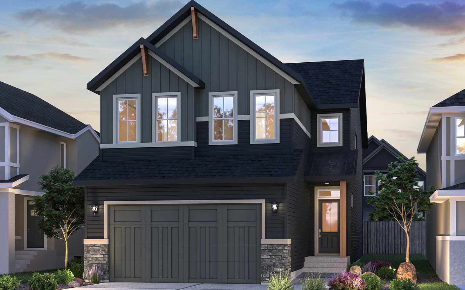 Exterior rendering of the Farmhouse style of the Robson 26 by Brookfield Residential