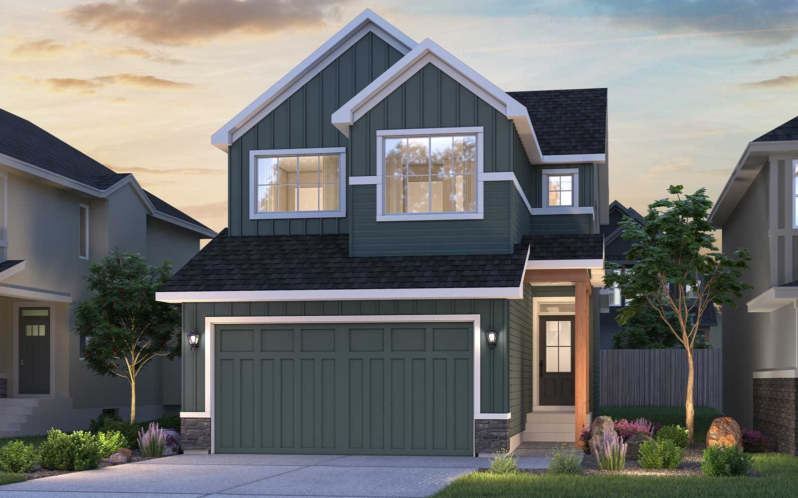 An exterior rendering of the Farmhouse style of the Rundle 2 - 26 model by Brookfield Residential