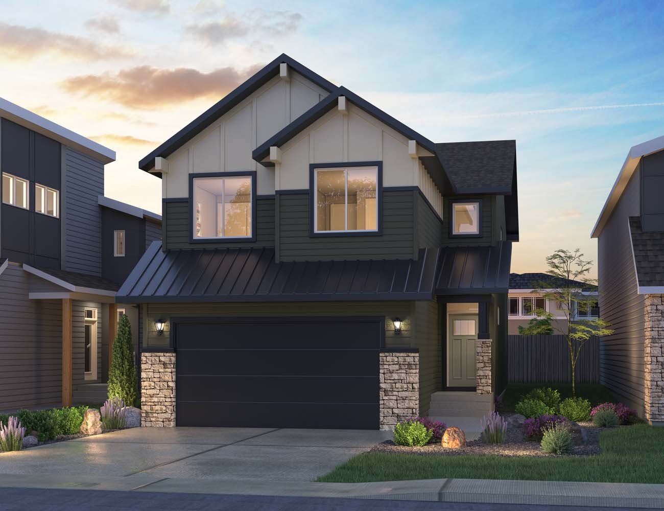 A rendering of the Modern Craftsman style of the Savona 26 by Brookfield Residential.