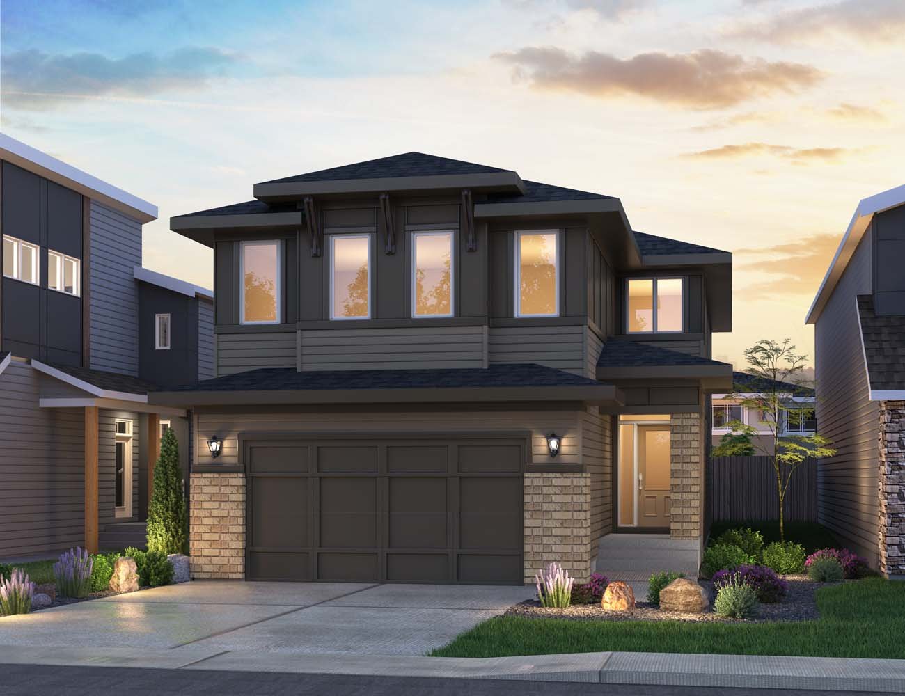 An exterior rendering of the Prairie style on the Savona 26 home by Brookfield Residential.