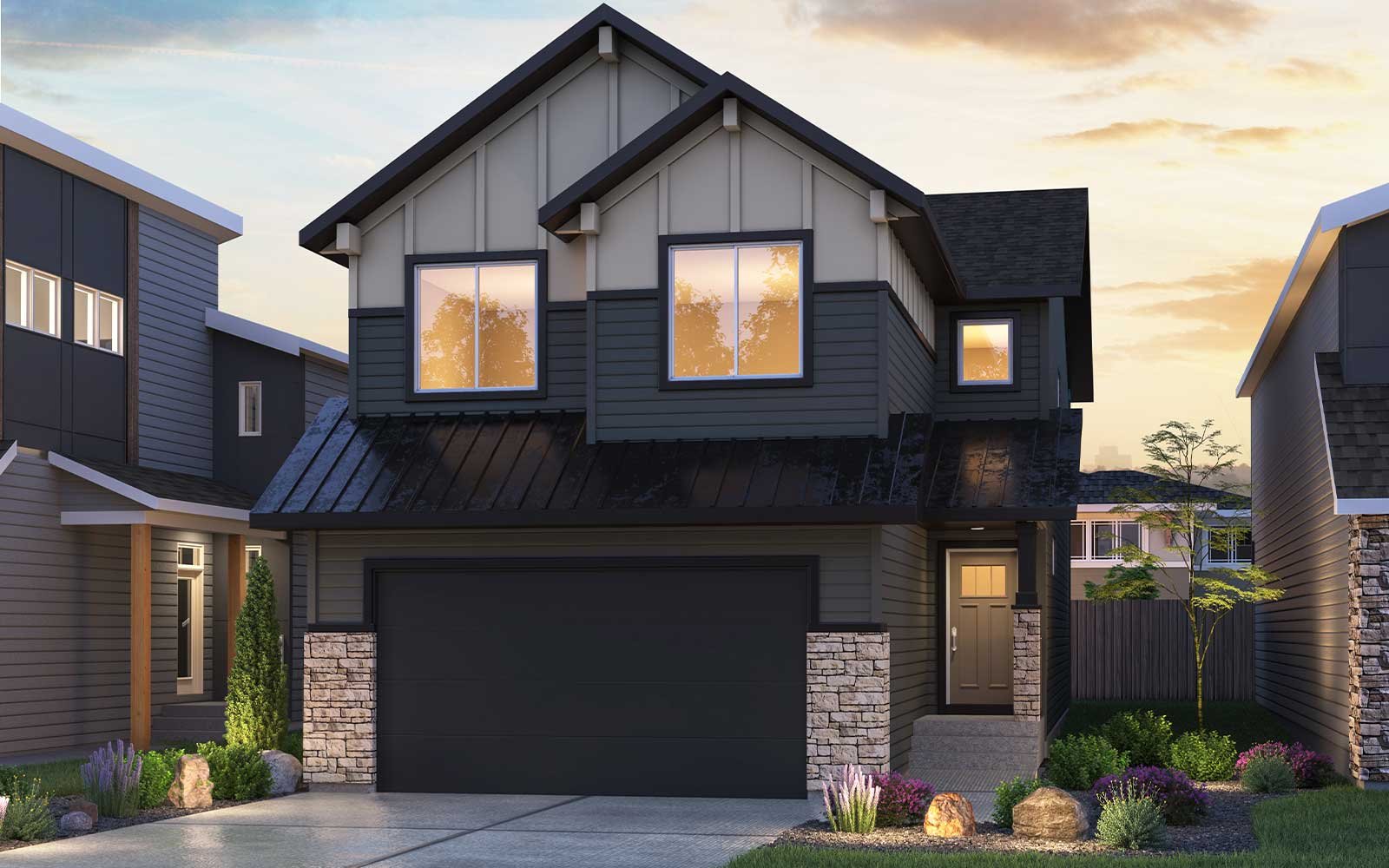 An exterior rendering of the Modern Craftsman style of the Savona 26 model by Brookfield Residential